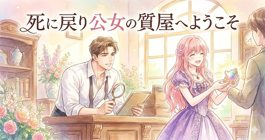 アイキャッチ画像「死に戻り公女の質屋へようこそ」。上部には筆文字でタイトルが大きく配置されている。全体は水彩画タッチで、明るく温かいパステルカラーで描かれた質屋の店内のイラスト。右側では、ピンク色の髪をした笑顔の公女が、光り輝くアイテムを来店客に手渡している。中央のカウンター内では、白いシャツを着た茶髪の男性が帳簿と虫眼鏡を持ち、その様子を優しい笑顔で見守っている。窓からは光が差し込み、店内には花やアンティークな家具が飾られ、爽やかで前向きな雰囲気が漂っている。