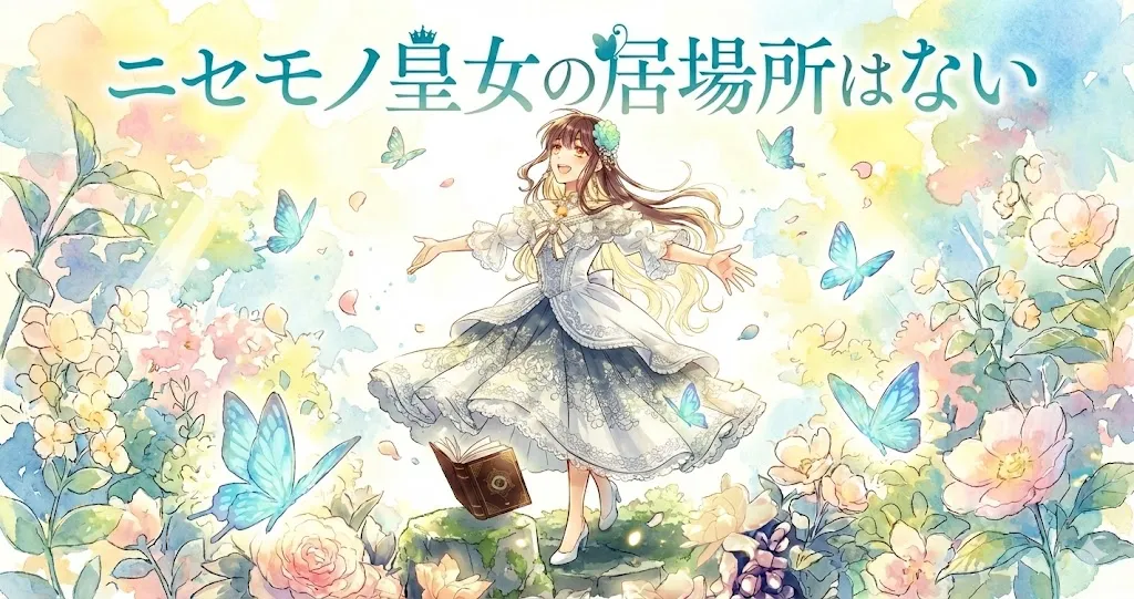 『ニセモノ皇女の居場所はない』のアイキャッチイラスト。水彩画調で描かれた明るく幻想的な花畑の中で、茶髪の若い女性が白いレースのドレスを着て、笑顔で両手を広げて立っている。彼女の足元には魔法陣が光る本があり、周囲には青い蝶が舞い、温かい光が差し込んでいる。上部には青緑色の文字でタイトル「ニセモノ皇女の居場所はない」と書かれている。全体的に爽やかで希望に満ちた雰囲気のイラスト。