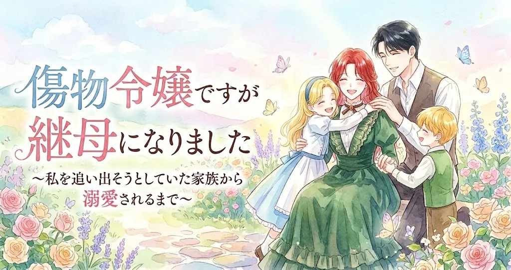 水彩画タッチで描かれた爽やかなアイキャッチイラスト。右側には原作を再現した服装の継母、父親、二人の子供が仲睦まじく笑顔で並んでおり、左側にはパステル調の背景を背にタイトルテキストが配置されている。