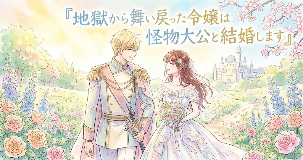 明るい陽光が差し込む庭園で、幸せそうに見つめ合うカップルのイラストです。左側には金髪で白い軍服風の正装を纏った男性が立ち、花で飾られた剣を手に持っています。右側には長い茶髪にウェディングドレスを着た女性が、色とりどりのバラのブーケを持って微笑んでいます。周囲にはピンクのバラや紫のデルフィニウムが咲き誇り、遠景には白亜の城と桜の花が見えます。上部には青と金の文字で『地獄から舞い戻った令嬢は怪物大公と結婚します』というタイトルが記されています。