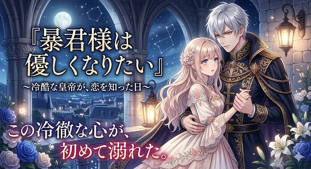 この画像は、ライトノベルの表紙のような、ドラマチックでロマンチックなアニメスタイルのイラストです。 夜の城のバルコニーで、豪華な衣装を着た冷酷そうな銀髪の皇帝と、美しく、少し不安げな表情のブロンドの女性が、抱き合っているシーンが描かれています。男性は黒とゴールドを基調とした、詳細な刺繍が施された皇帝の制服を着用し、厳しい表情で女性を見つめ、彼女の手を自分の手に重ねています。女性は繊細なレースと花の白いドレスを着ており、驚きと少し戸惑った表情で男性を見ています。彼らの頭上には、石造りのアーチ越しに、満月、遠くに見える夜の街の明かり、そしてはっきりと描かれた星座が広がっています。 前景の両脇には、青いバラと白い百合が咲き誇り、アンティーク調のランタンが温かい光を放っています。画像左上には、大きな縦書きの日本語タイトルで、『暴君様は優しくなりたい』と書かれており、その下に横書きで、〜冷酷な皇帝が、恋を知った日〜とサブタイトルが続いています。画像左下には、大きな横書きのキャッチコピーで、この冷徹な心が、初めて溺れた。と書かれています。画像右下には、小さな文字で、作：花守 怜とクレジットされています。 全体的に青と金のトーンで構成され、ロマンチックで幻想的な雰囲気を醸し出しています。