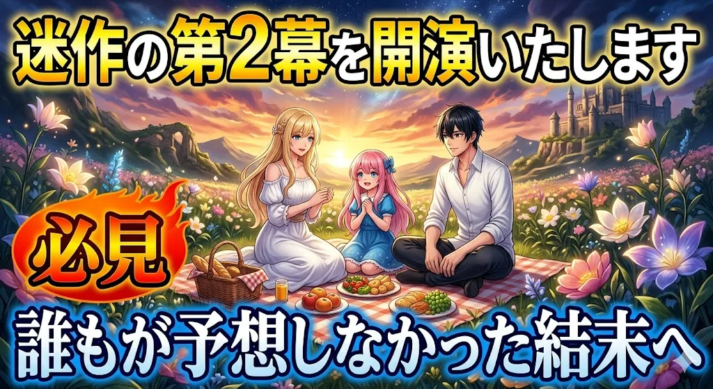 日本語テキストとファンタジーピクニックシーンを組み合わせたアイキャッチ この画像は、ブログ記事のアイキャッチデザインされた、鮮やかで詳細なグラフィックです。上部、中央、下部に大きな日本語テキストが配置され、中央にはファンタジーなアニメスタイルのイラストが描かれています。 上部テキスト: 黄色い太文字で、白い縁取りが施されたテキストが上部に大きく配置されています。 「迷作の第２幕を開演いたします」 中央左のロゴ: 中央左側には、燃えるような赤い炎のデザインのロゴがあり、その中に黒い太文字で白い縁取りのテキストがあります。 「必見」 下部テキスト: 下部には、白い太文字で青い縁取りが施されたテキストが大きく配置されています。 「誰もが予想しなかった結末へ」 イラスト描写: 中央のイラストは、夕暮れのファンタジーな草原でピクニックをしている3人家族を描いています。 人物: 左側には、金髪で白いロングドレスを着た女性が座っています。中央には、ピンクの髪で青いドレスを着た小さな少女が座っています。右側には、黒髪で白いシャツを着た男性が座っています。3人ともピクニックマットの上に座り、楽しそうにしています。 シーン: ピクニックマットの上には、ピクニックバスケット、果物（ブドウ、リンゴ）、サンドイッチ、飲み物の入ったグラスが並んでいます。 背景: 周囲は、紫、白、黄色、青の花が咲き乱れる草原です。遠くには、岩だらけの丘の上に巨大な中世の城が建っています。空は、オレンジ色、ピンク色、紫色の美しいグラデーションで、夕焼けを表現しています。 全体的な視覚効果: 画像全体は、鮮やかで彩度が高く、詳細に描かれたアニメスタイルです。テキストは非常に大きく、読みやすく、背景のイラストと対比して際立っています。物語性があり、視聴者の興味を引くように構成されています。