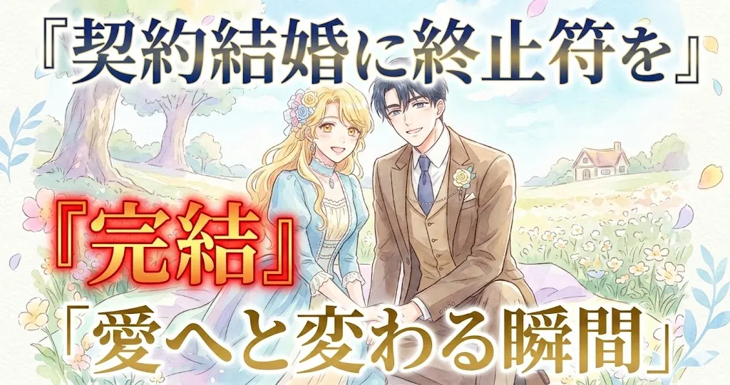ブログのアイキャッチ画像。 上部には「契約結婚に終止符を」というタイトル、中央には大きく赤い「完結」の文字、下部には「愛へと変わる瞬間」というサブタイトルがあります。 中央には、花畑で幸せそうに座る主人公カップル（女性と男性）のイラストが描かれています。 背景はパステルカラーの花畑です。