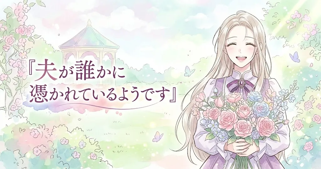 『夫が誰かに憑かれているようです』という日本語のタイトルテキストが左側に配置された、水彩画タッチのパステル調庭園イラスト。右側には、長いアッシュブロンドの髪の女性が、大きなピンクと青のバラの花束を両手で持って、目を閉じて優しく微笑んでいる。彼女は、襟元に紫の宝石とリボンのブローチが付いた、ライラック色のドレスを着ている。背景には、パステルカラーの屋根を持つ八角形のパビリオン（東屋）、ピンクと紫のバラの茂み、そして小さな青い蝶が舞っている。空はピンク、青、黄色の柔らかいグラデーションで、右上の角から差し込む光ときらめきが描かれている。全体的に明るく、夢のようで、平和な雰囲気。