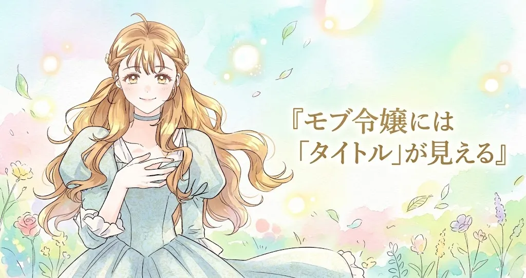 『モブ令嬢には「タイトル｣が見える』という日本語のタイトルテキストが右側に配置された、アニメ・マンガスタイルのイラスト。左側には、明るい栗色のウェーブヘアで、薄い青緑色の柄入りドレスを着た笑顔の令嬢が立ち、左手を胸に当てている。背景はパステルカラーの水彩画風で、野花が咲く丘と舞う花びらや光のオーブが描かれている。