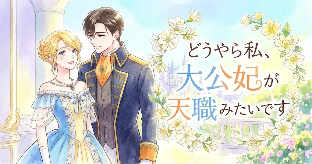 少女漫画「どうやら私、大公妃が天職みたいです」の表紙画像。紺色の軍服風の上着を着た黒髪の男性が、水色のドレスを着た金髪の女性を後ろから抱き、見つめ合っている。女性はパールのネックレスとフリルのドレスを着用。背景には白い花が描かれ、全体的に華やかな雰囲気。右側に縦書きで「どうやら私、大公妃が天職みたいです」というタイトルが記載されている。