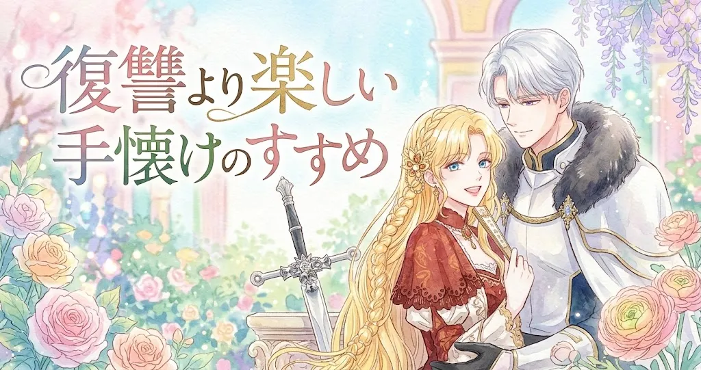 Gemini の回答 花が咲き乱れる庭園で、笑顔のブロンド女性が銀髪の男性に抱かれている、柔らかいパステル調の水彩画イラスト。女性は赤いドレスを着て扇子を持ち、中央には装飾的な剣が立っている。左上に日本語のタイトル「復讐より楽しい 手懐けのすすめ」が書かれている。