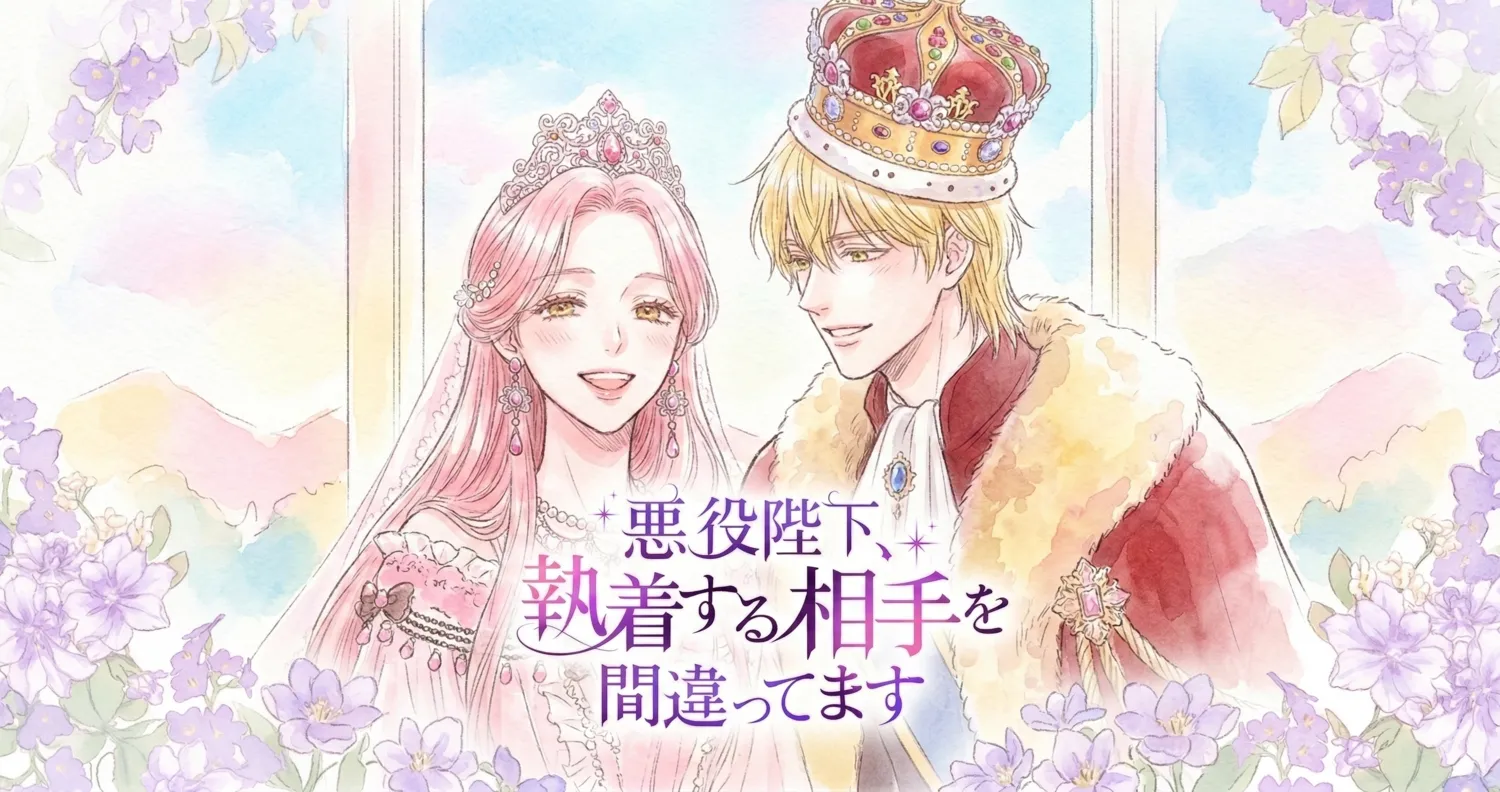 水彩画風の柔らかなタッチで描かれた、王族風の男女のイラスト。ピンク色の長い髪にティアラを載せた微笑む女性と、金髪で王冠を被り、彼女を優しく見つめる男性が並んでいる。周囲には紫色の花々が咲き乱れ、中央には「悪役陛下、執着する相手を間違ってます」という日本語のタイトルロゴが配置されている。