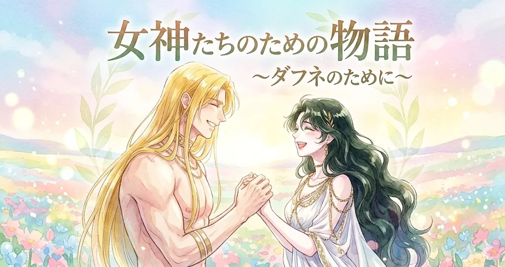 「女神たちのための物語 ～ダフネのために～」というタイトルが入った、水彩画風のロマンチックなイラスト。長い金髪で上半身が裸の男性と、長い緑色の髪で白いドレスを纏った女性が、色とりどりの花が咲き乱れる草原の中で、微笑みながら互いの手を取り合っている。