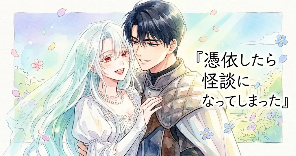 『憑依したら怪談になってしまった』の爽やかで前向きなアイキャッチイラスト。水彩画タッチで描かれ、横長のレイアウト。中央には、白髪で赤い瞳の女性がフリルの白いドレスを着て、黒髪で鎧を着た男性に寄り添い、二人とも優しく明るい笑顔を浮かべている。背景はパステル調の明るい色で、小さな花や花びらが舞う花園で、光が差し込んでいる。右側には、手書き風のフォントで「『憑依したら怪談になってしまった』」というタイトルが配置されている。