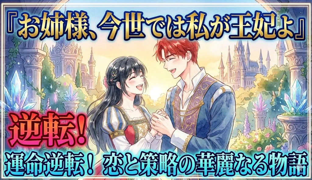 『お姉様、今世では私が王妃よ』というタイトルと、手を取り合う幸せそうなカップルのイラスト。中央左に「逆転！」、下部に「運命逆転！ 恋と策略の華麗なる物語」というキャッチコピーが配置されている。