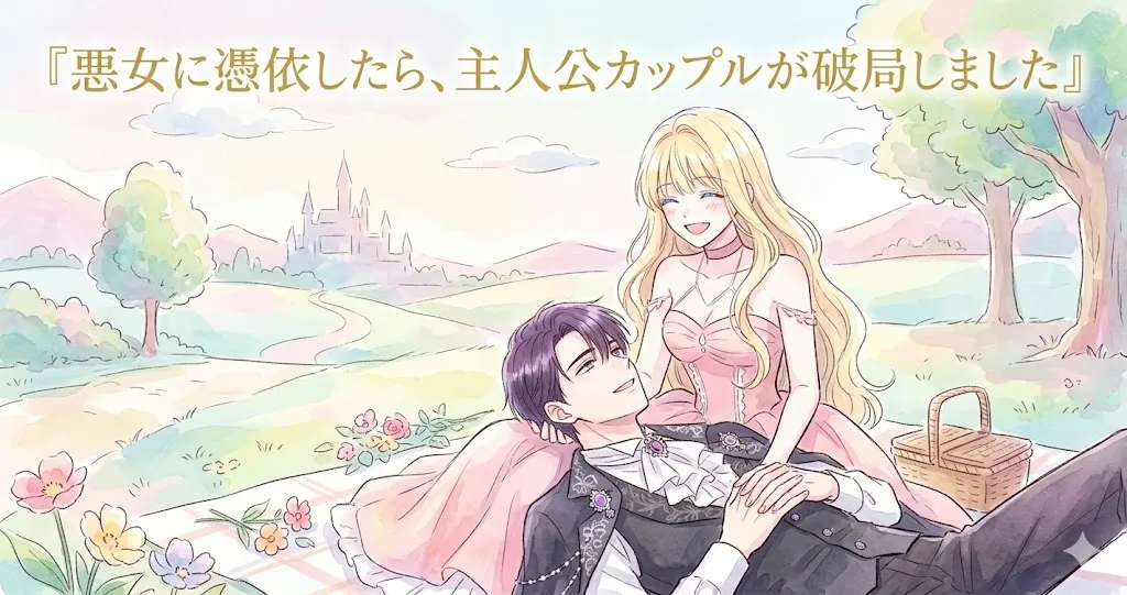 『悪女に憑依したら、主人公カップルが破局しました』のアイキャッチイラスト。水彩画タッチで、金髪の女性キャラクターと黒髪の男性キャラクターが花畑でピクニックをしている様子を描いている。二人とも優しく微笑んでおり、女性はピンクのドレス、男性は黒い正装に身を包んでいる。背景はパステル調の草原と城が広がり、上部にはタイトルテキストが手書き風に入っている。横長の構図で、爽やかで前向きな印象を与えている。