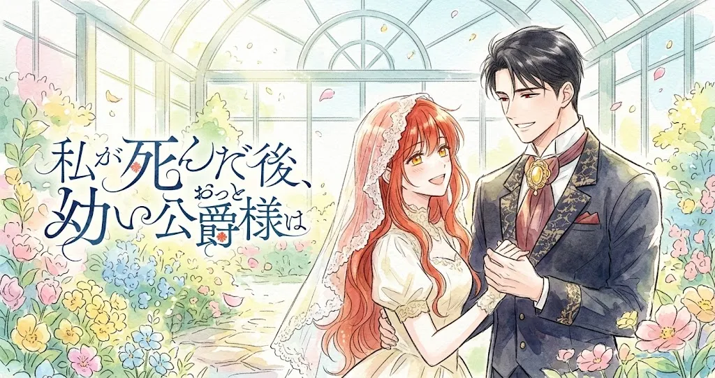 水彩画風の爽やかで前向きなタッチで描かれたイラスト。パステルカラーの柔らかな光が差し込むガラス張りの温室の中で、明るい笑顔を浮かべた赤髪の女性と黒髪の男性が仲睦まじく寄り添い、手を繋いでいます。女性は繊細なレースのベールと白のドレスを纏い、男性はクラシカルなタキシードに赤いリボンのブローチを身につけています。左側には「私が死んだ後、幼い公爵様は」という日本語のタイトルテキストが手書き風の書体で配置されています。