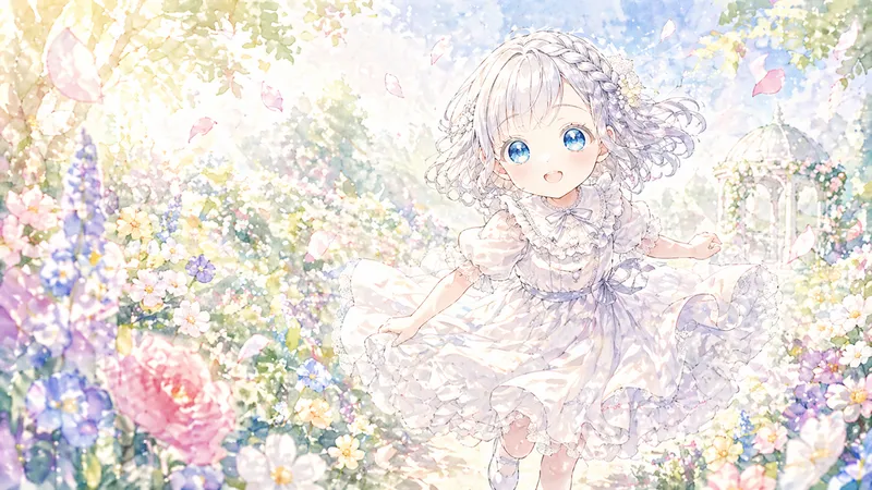白いドレス姿の銀髪の少女が、明るい庭園の花畑の中で楽しそうに駆けている。周囲には色とりどりの花や舞い散る花びらがあり、柔らかな日差しに包まれた幻想的な雰囲気になっている。