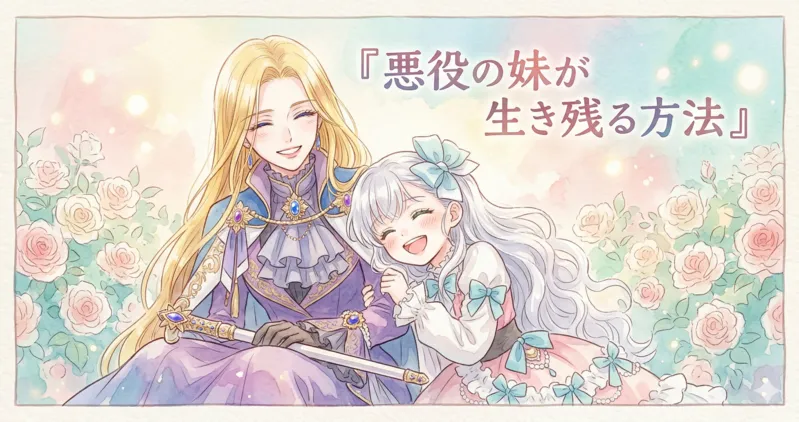 パステル調の水彩画タッチで描かれた『悪役の妹が生き残る方法』のアイキャッチ画像。紫と青の豪奢なドレスを着た金髪のキャラクターと、ピンクのフリルドレスに水色のリボンをあしらった銀髪のキャラクターが寄り添い、明るく優しい笑顔を向けている。背景には淡い色合いのバラが咲き誇り、右上には『悪役の妹が生き残る方法』というタイトルテキストが配置されている。全体的に爽やかで温かく、前向きな雰囲気。