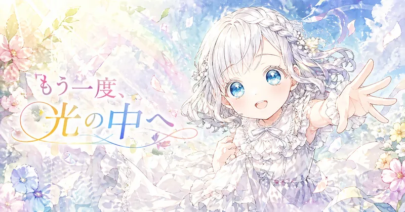 淡いパステルカラーの光に包まれた横長の水彩風イラスト。白銀のやわらかな髪を編み込み、花や真珠のような髪飾りをつけた青い瞳の少女が、フリルとレースの白いドレスをまとい、明るく優しい笑顔でこちらへ手を伸ばしている。背景には淡い青空、やわらかな陽射し、花びら、草花、きらめく光の粒が広がり、爽やかで前向きな雰囲気を演出している。左側にはタイトル「もう一度、光の中へ」が虹色の装飾的な文字で配置されている。