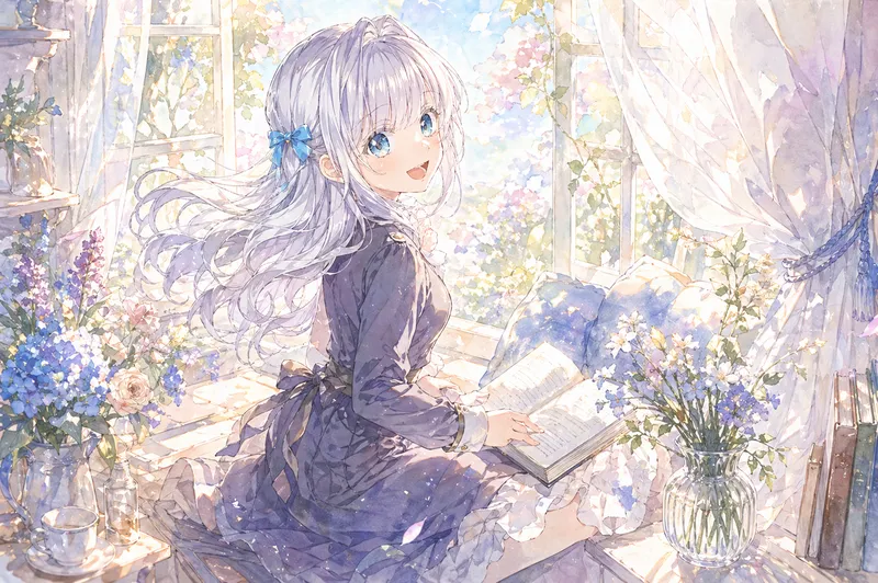 柔らかな日差しが差し込む窓辺で、銀髪の少女が開いた本を手に座り、花瓶の花や白いカーテンに囲まれて微笑んでいる。