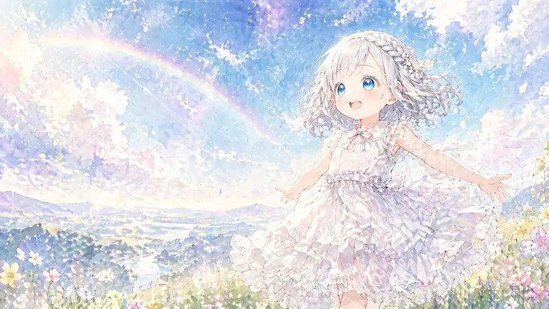 白いドレスの銀髪の少女が、虹のかかる青空の下で両手を広げて立っている。周囲には白い花や淡い色の花畑が広がり、晴れやかで夢のような風景になっている。