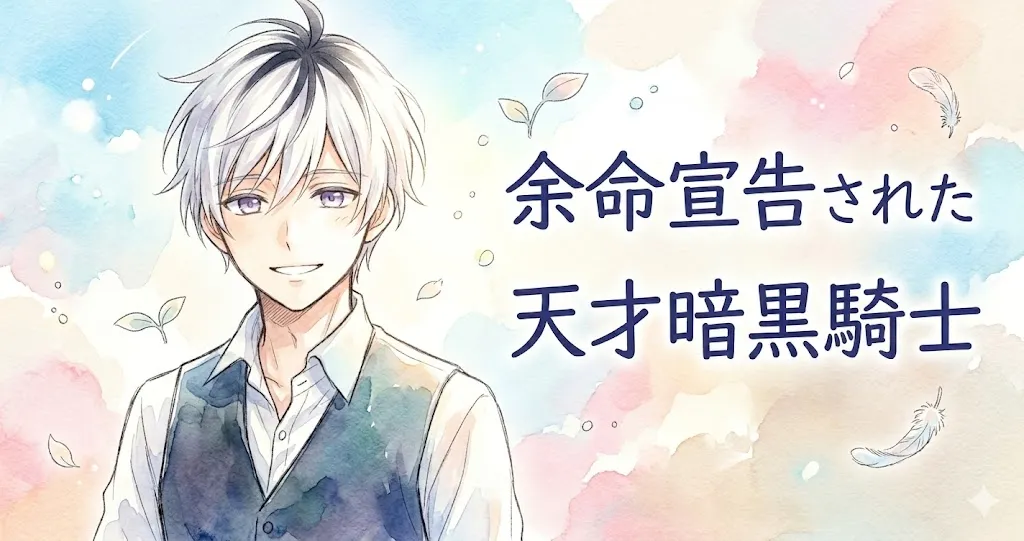 水彩画風のソフトなアニメスタイルで描かれた、白髪と紫の瞳を持つ少年が微笑む画像。左側に彼が、右側に『余命宣告された天才暗黒騎士』と書かれた日本語の大きなテキストがある。パステルカラーの背景には、小さな葉や羽、シャボン玉が舞っている。右下に小さな著作権表示がある。