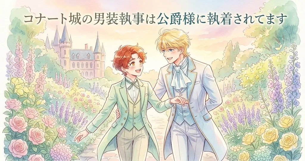 水彩画タッチで描かれた『コナート城の男装執事は公爵様に執着されてます』のアイキャッチイラスト。パステル調の明るい色の庭園を舞台に、赤い髪の男装執事と金髪の公爵様が笑顔で見つめ合いながら歩いている。上部にはタイトルテキストが入っており、爽やかで前向きな印象の横長レイアウトとなっている。