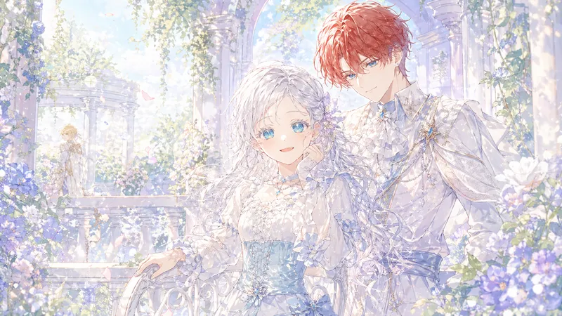 青い花が咲き乱れるテラスで、赤髪の青年が銀髪の少女に優しく寄り添っているカット。背景の左奥には、ガゼボ（東屋）の近くに佇む金髪の青年の姿が見える。