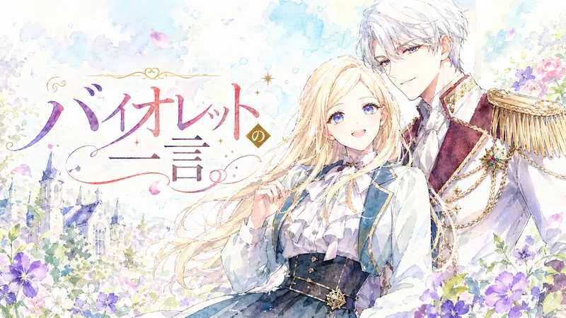 水彩画風のパステルカラー背景に、『バイオレットの一言』のタイトルと、笑顔の金髪ヒロインと銀髪の青年が寄り添うファンタジー調イラスト