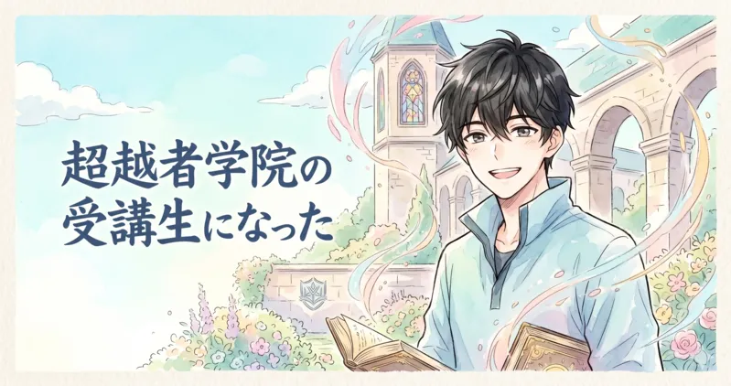 水彩画タッチと手書き風の線で描かれた、爽やかで前向きな印象のアイキャッチイラストです。元のキャラクターの特徴を忠実に再現した黒髪で水色のジャケットを着た若い男性が、右側に配置され、優しく明るい笑顔を浮かべています。彼の開いた魔導書からは、パステルカラーの魔法のオーラが柔らかく立ち上っています。背景はパステル調の空と、美しい花壇、アーチ、塔がある「超越者学院」の庭園です。左側の明るい空には、大きな日本語テキスト「超越者学院の受講生になった」が配置されています。全体的に希望に満ちた魔法の世界の始まりを感じさせるイラストです。