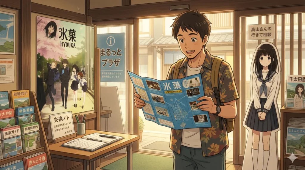 高山市の「まるっとプラザ」内で、執筆者のTANOSHIYAが「氷菓」の舞台探訪マップを広げ、ワクワクした表情で眺めているシーンの温かいアニメイラスト。背景にはポスターや交流ノート、千反田えるのパネルが見える。