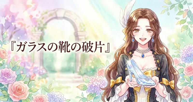 水彩画風で描かれた、1.91:1の横長アイキャッチイラスト。右側に、茶色のウェーブがかった長い髪に白い羽飾りをつけ、サファイアのアクセサリーと、黒地に金の豪華なドレスを纏った女性が、優しく明るい笑顔で立っています。彼女は両手で、キラキラと輝くガラスの靴（またはその破片）を大切そうに持っています。左側には、大きな日本語テキストで『ガラスの靴の破片』と書かれています。