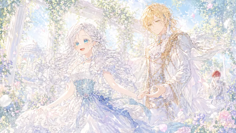 花々が絡まる白い柱の廊下で、金髪の青年が銀髪の少女に優しく手を差し伸べているシーン。少女は嬉しそうに微笑んでおり、右奥の背景には赤髪の青年が静かに見守るように立っている。