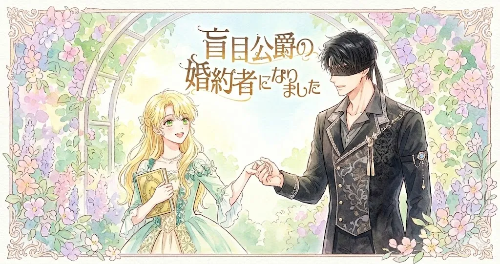 水彩画風のロマンチックなマンガ表紙イラスト。花の咲き誇るアーチを背景に、金髪で緑のドレスを着た若い女性と、黒髪で黒いブラインドフォールド（目隠し）を着用した装飾的な上着の男性が手を繋いで立っている。女性は小さな装飾本を持っている。上部中央には、金色の日本語タイトル「盲目公爵の婚約者になりました」が描かれている。