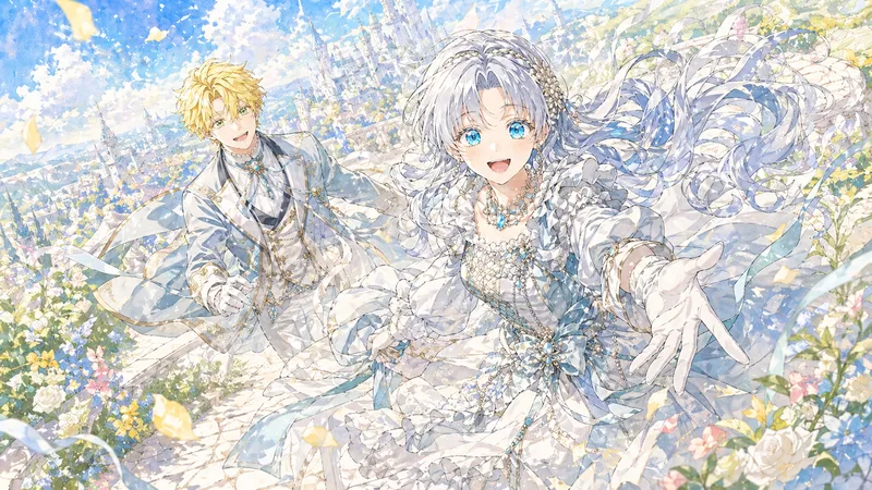 城下町を一望できるバルコニーで、こちらへ駆け寄るような二人の姿。
画面いっぱいに銀髪をなびかせ、明るい笑顔で右手を差し伸べる少女が大きく描かれています。少し後ろには彼女を見守るように歩く金髪の少年が配置され、遠くには壮麗な城と青い空が広がっています。非常に開放感があり、物語の広がりを感じさせる一枚です。