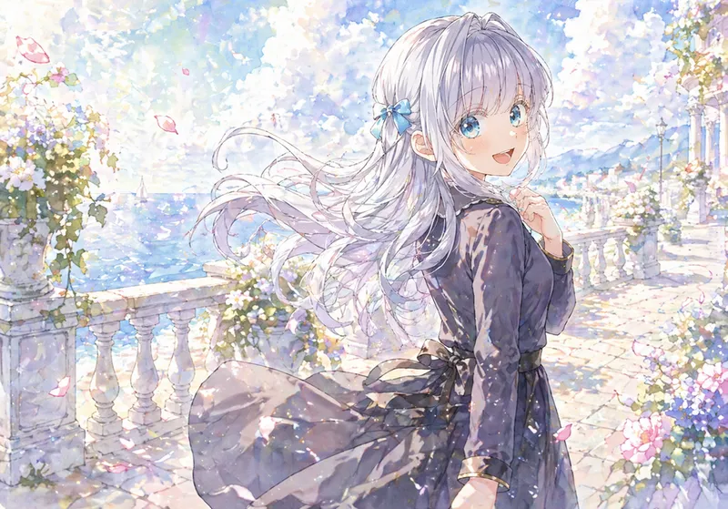 海を望む花いっぱいのテラスで、銀髪の少女が風になびく髪とドレスを揺らしながら振り返り、晴れやかな笑顔を見せている。