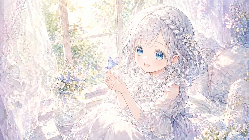 レースのカーテン越しに光が差し込む室内で、銀髪の少女が青い蝶を両手でそっと見つめている。窓辺には花瓶の花が置かれ、白や淡い紫を基調にした優しい空間が広がっている。