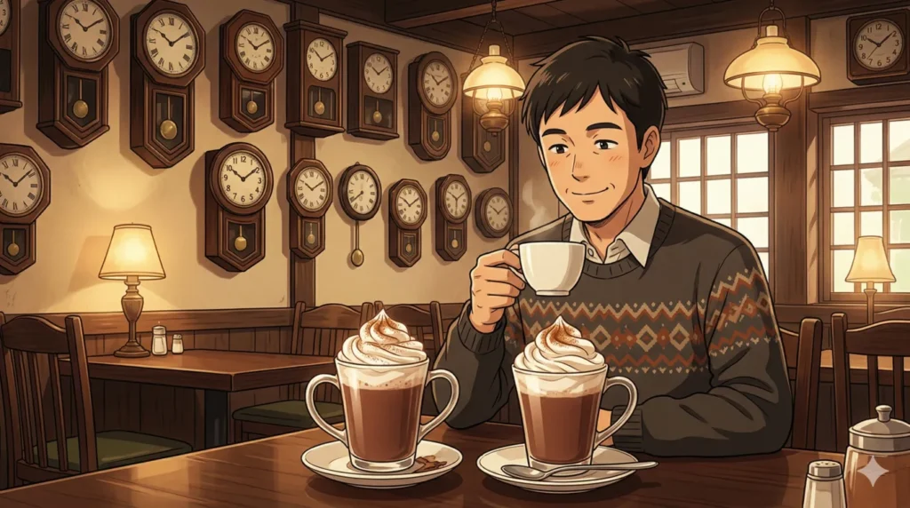 レトロな喫茶店「バグパイプ」の店内で、執筆者のTANOSHIYAが温かいウィンナーココアを前に座り、幸せそうな表情で眺めているシーンの温かいアニメイラスト。背景にはたくさんのアンティーク掛け時計がある。