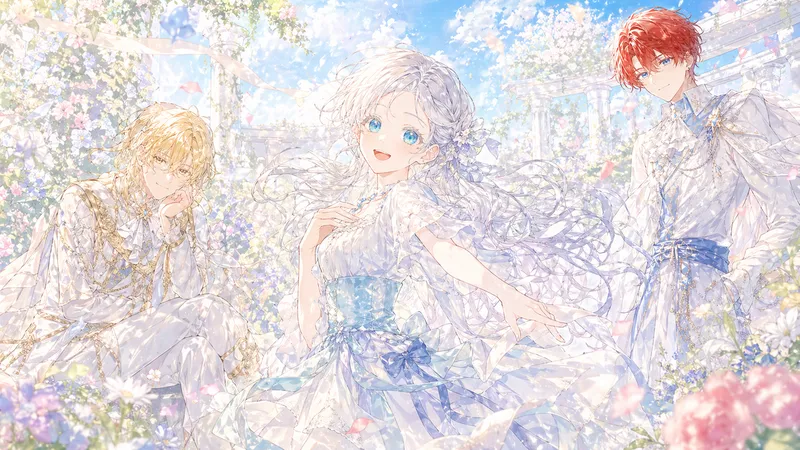 満開の白い花と青空を背景に、銀髪の少女、金髪の青年、赤髪の青年が並ぶ幻想的なイラスト。白と淡いブルーを基調とした繊細なドレスと衣装を纏い、柔らかな光に包まれている。