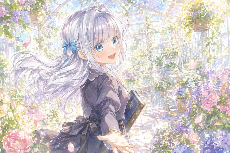 銀髪に青いリボンを結んだ少女が、花で満たされた温室の中で本を抱え、こちらへ手を差し伸べながら笑顔を見せている。