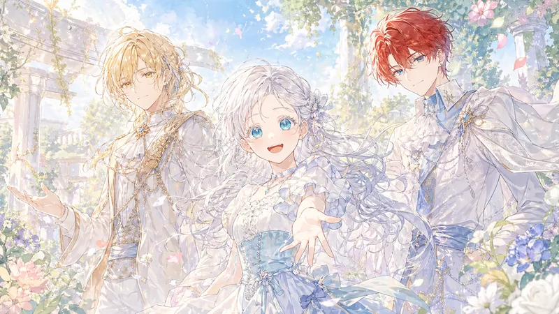 舞い散る花びらの中、銀髪の少女が中央でこちら（観客）に向かって手を差し伸べている。その両脇を金髪と赤髪の青年が囲み、三人で温かい眼差しを向けている構図。