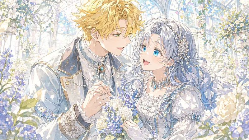 柔らかな光が差し込む温室の中で、至近距離で見つめ合うアイシャとルミナス。
金髪の少年が少女の手を優しくとり、慈しむような眼差しで彼女を見つめています。銀髪の少女はそれに応えるように、輝くような瞳で彼を見上げ、幸せそうに微笑んでいます。周囲を囲む青や白の花々が、二人の親密で静かな時間を引き立てています。