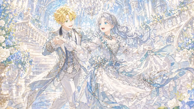 宮殿の大階段を背景に、手を取り合いダンスを踊るような二人の全身図。
白を基調とした華麗な正装を纏った二人が、豪華なシャンデリアと大理石の階段の前で軽やかにステップを踏んでいます。光の粒子がキラキラと舞い、まるでおとぎ話のワンシーンのような、幻想的で気品あふれるイラストです。