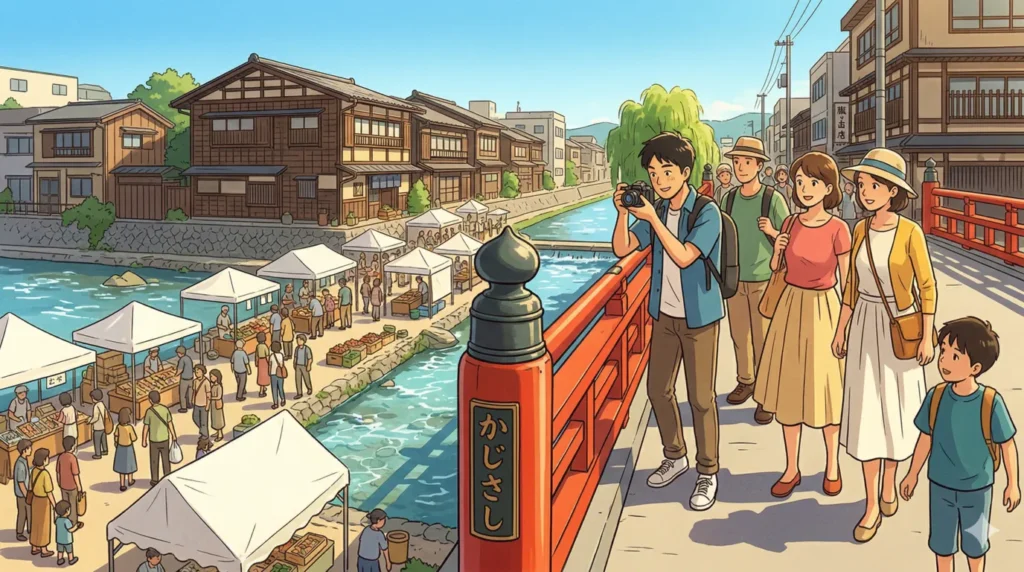 青空の下、高山市の鍛冶橋と、その下を流れる宮川沿いに広がる賑やかな宮川朝市の風景を描いた温かいアニメイラスト。執筆者のTANOSHIYAが橋の上から朝市を眺めている。