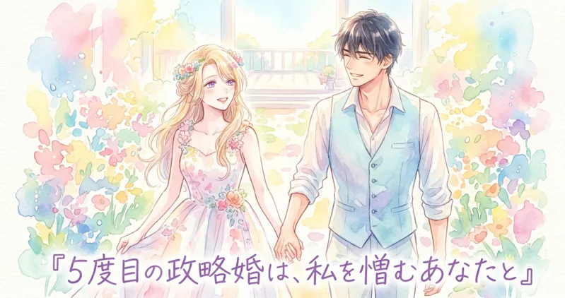手書きの水彩画タッチで描かれた、幸せそうな笑顔で手をつないで花畑を歩く金髪の女性と黒髪の男性のイラスト。2人はパステル調の花々に囲まれており、爽やかで前向きな雰囲気。画像下部には、手書き風の紫色の文字で『5度目の政略婚は、私を憎むあなたと』というタイトルが中央に配置されている。横長のアイキャッチレイアウト。