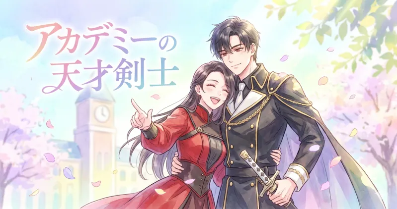 水彩画風で手書きの温かみがある『アカデミーの天才剣士』のアイキャッチイラスト。中央には、穏やかな笑顔で剣を携えた黒い制服姿の青年と、満面の笑みで左上を指差す赤い制服姿の少女が寄り添っている。2人は以前とは異なる大胆な構図で描かれ、楽しげな様子。背景はパステル調で、時計塔のある学園校舎と、舞い散る花びらが柔らかく表現されている。左上には日本語のタイトル『アカデミーの天才剣士』がカラフルなフォントで入っている。
