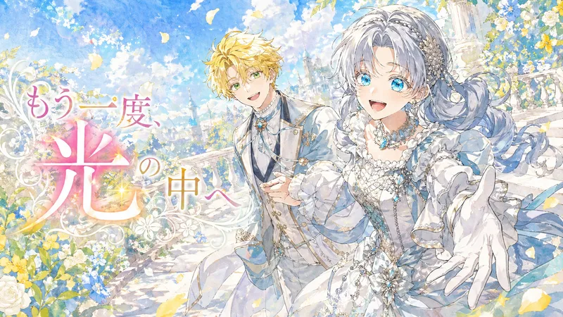 「もう一度、光の中へ」第3シーズンのタイトルロゴ入りメインビジュアル。 澄み渡る青空と満開の花々に囲まれた庭園で、銀髪の少女（アイシャ）がこちらに向かって笑顔で手を差し伸べています。その後ろでは、金髪の少年（ルミナス）が彼女の手を優しくとり、共に歩んでいる様子が描かれています。光が溢れる、希望に満ちた明るい雰囲気のイラストです。