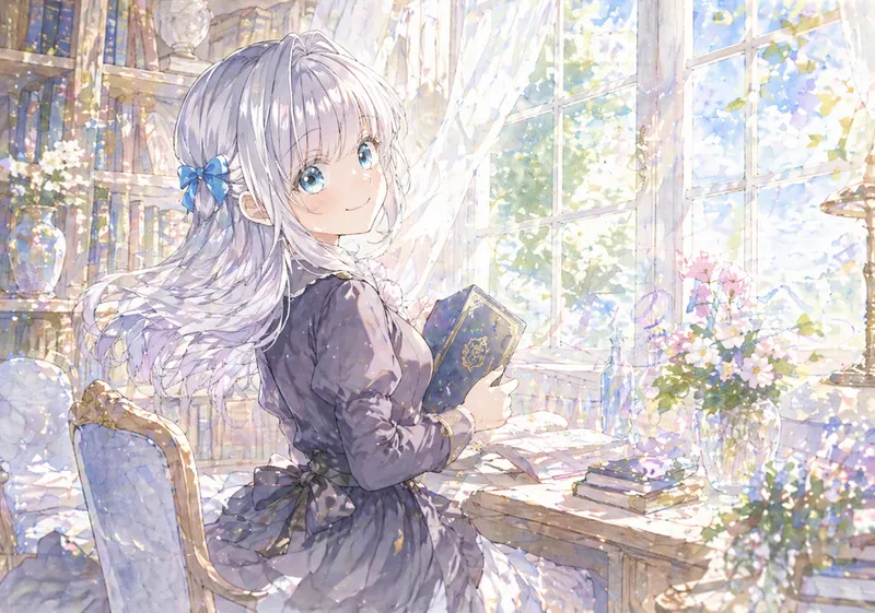 大きな窓から光が差し込む書斎で、銀髪の少女が青い本を抱え、花瓶や本棚に囲まれながら穏やかに微笑んでいる。