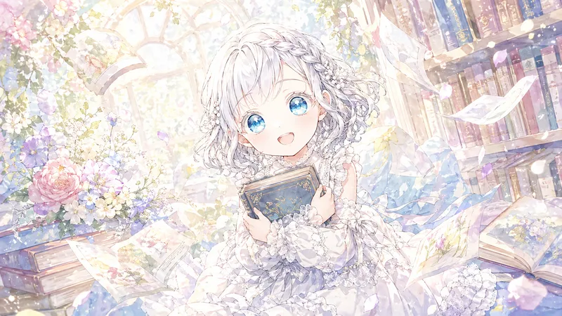 花に囲まれた明るい図書室で、銀髪の少女が装飾された本を胸に抱えて微笑んでいる。背後には本棚や大きな窓があり、花びらや紙片が舞う、淡く幻想的な雰囲気のイラスト。
