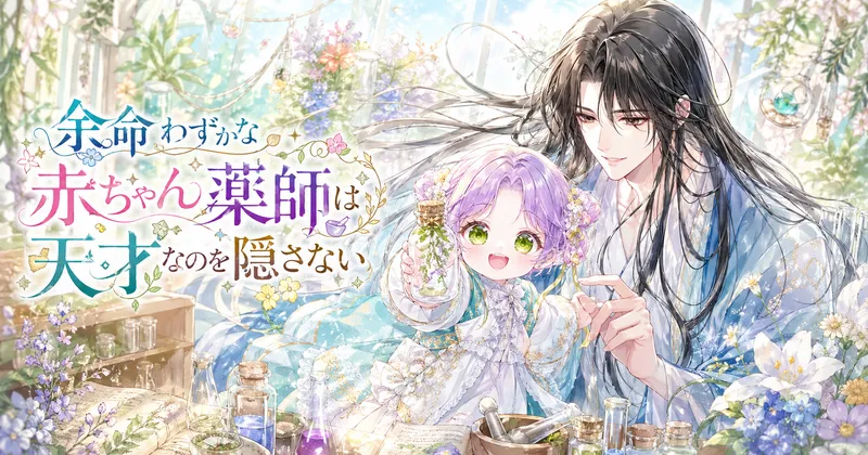 水彩画タッチで描かれた、明るいパステル調の横長アイキャッチイラスト。左側には装飾的な日本語タイトル「余命わずかな赤ちゃん薬師は天才なのを隠さない」が大きく配置され、花や蔦、きらめきのモチーフで彩られている。右側には、長い黒髪をなびかせた優しげな青年が、淡い青の衣をまとって穏やかに微笑み、その前で紫色の髪と大きな緑の瞳を持つ幼い少女が、薬草入りの小瓶を嬉しそうに掲げている。背景には花や薬草、ガラス瓶、薬師道具が並ぶ陽だまりの温室風アトリエが広がり、爽やかで前向きな雰囲気が漂っている。