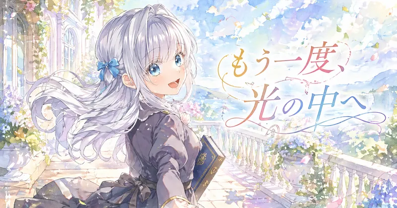 『もう一度、光の中へ』のタイトル文字が入ったキービジュアル。銀髪で青い目の少女が本を手に、花に囲まれた明るいバルコニーで振り返って微笑んでいる。