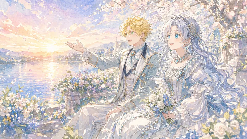 夕日に染まる湖を背景に、テラスのベンチで寄り添って座る二人。
銀髪の少女は白い花束を大切そうに抱え、金髪の少年は沈みゆく太陽を指差しながら彼女に語りかけています。オレンジ色から紫へと変わる美しい空のグラデーションと、水面に反射する光が、二人の未来を祝福しているようなロマンチックな終演を予感させます。
