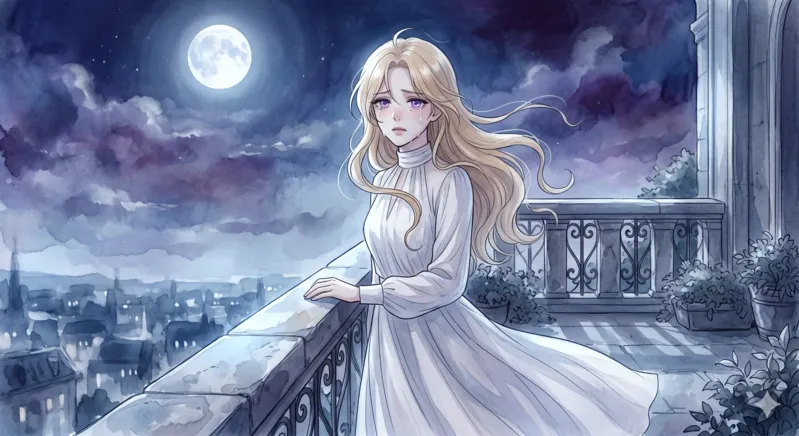 月夜のベランダで絶望の表情を浮かべる、金髪でラベンダーの瞳のセレスティア。
